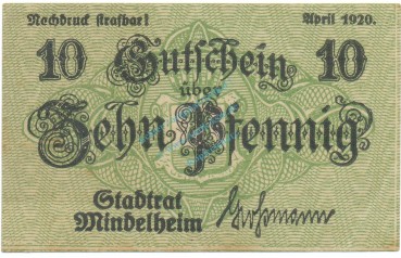 Mindelheim , Notgeld 10 Pfennig Schein unc-kfr. Ti.4570.05.26 , Bay 1920 Verkehrsausgabe -4201-