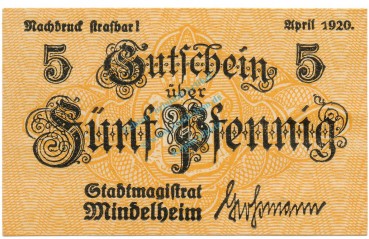 Mindelheim , Notgeld 5 Pfennig Schein unc-kfr. Ti.4570.05.20 , Bay 1920 Verkehrsausgabe -4200-