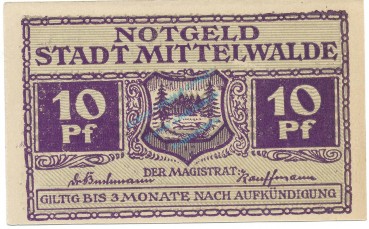Mittelwalde , Notgeld 10 Pfennig Schein unc-kfr. Ti.4585.095.01 , SLN o.D. Verkehrsausgabe -4187-