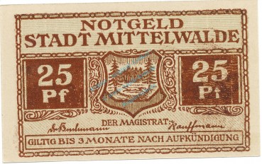 Mittelwalde , Notgeld 25 Pfennig Schein unc-kfr. Ti.4585.095.02 , SLN o.D. Verkehrsausgabe -4188-