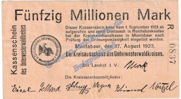 Montabaur , Banknote 50 Millionen Mark Schein in gbr. Keller 5308.k , Hessen 1923 Grossnotgeld - Inflation
