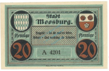 Moosburg , Notgeld 20 Pfennig Schein unc-kfr. Ti.4635.05.05 , BAY o.D. Verkehrsausgabe -4211-