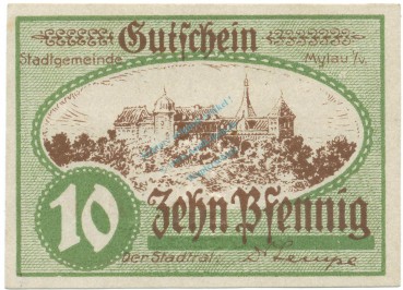 Preview: Mylau , Notgeld 10 Pfennig Schein unc-kfr. Ti.4730.05.10 , S o.D. Verkehrsausgabe -4194-