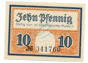 Mylau , Notgeld 10 Pfennig Schein unc-kfr. Ti.4730.05.15 , S o.D. Verkehrsausgabe -4195-