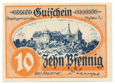 Preview: Mylau , Notgeld 10 Pfennig Schein unc-kfr. Ti.4730.05.15 , S o.D. Verkehrsausgabe -4195-