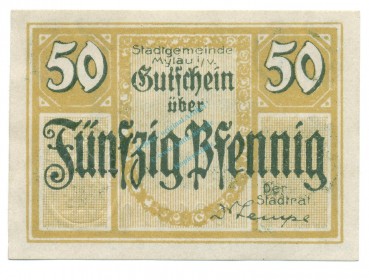 Mylau , Notgeld 50 Pfennig Schein unc-kfr. Ti.4730.05.11 , S o.D. Verkehrsausgabe -4196-
