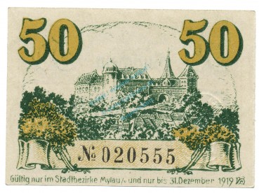 Preview: Mylau , Notgeld 50 Pfennig Schein unc-kfr. Ti.4730.05.11 , S o.D. Verkehrsausgabe -4196-