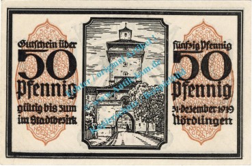 Preview: Nördlingen , Notgeld 50 Pfennig Schein Nr.4 -gelbbraun- in kfr. M-G 978.3 , Bayern 1918 Seriennotgeld