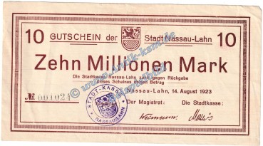 Nassau-Lahn , Banknote 10 Millionen Mark Schein in gbr. Keller 3725.e , Hessen 1923 Grossnotgeld - Inflation