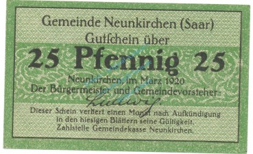 Neunkirchen , Notgeld 25 Pfennig Schein unc-kfr. Ti.4910.05.06 , RHL 1920 Verkehrsausgabe -4174-