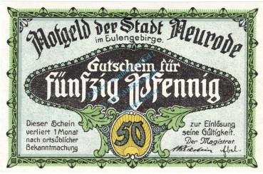 Preview: Neurode , Notgeld 50 Pfennig Schein Nr.1 unc-kfr. M-G 958.1 , Schlesien 1921 Seriennotgeld