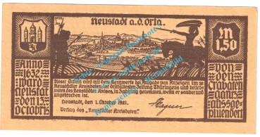 Neustadt a.d.O. Notgeld 1,50 Mark Schein in kfr. M-G 964.2 , Thüringen 1921 Seriennotgeld