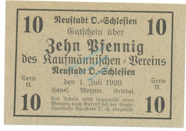 Neustadt , Notgeld 10 Pfennig Schein unc-kfr. Ti.4960.15.11 , OSL 1919 Verkehrsausgabe -4164-