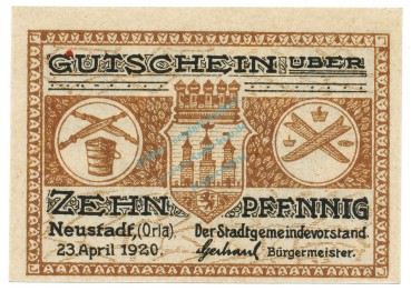 Neustadt , Notgeld 10 Pfennig Schein unc-kfr. Ti.4965.05.21 , TH 1920 Verkehrsausgabe -4171-