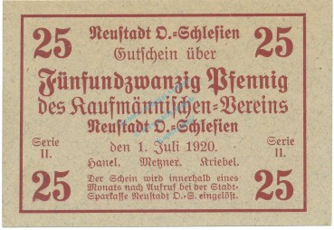 Neustadt , Notgeld 25 Pfennig Schein unc-kfr. Ti.4960.15.13 , OSL 1920 Verkehrsausgabe -4166-