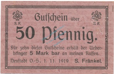 Neustadt , Notgeld 50 Pfennig Schein unc-kfr. Ti.4960.10.65 , OSL 1919 Verkehrsausgabe -4162-