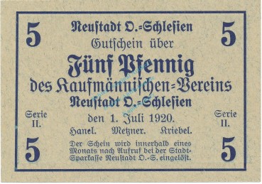 Neustadt , Notgeld 5 Pfennig Schein unc-kfr. Ti.4960.15.10 , OSL 1919 Verkehrsausgabe -4163-