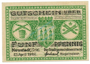 Neustadt , Notgeld 5 Pfennig Schein unc-kfr. Ti.4965.05.20 , TH 1920 Verkehrsausgabe -4170-