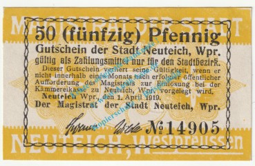 Neuteich , Notgeld 50 Pfennig Schein in kfr. Tieste 5010.05.16 , Westpreussen 1919 Verkehrsausgabe