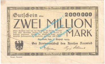 Neuwied , Notgeld 2 Millionen Mark Schein in gbr. Keller 3903.r , Rheinland 1923 Grossnotgeld Inflation