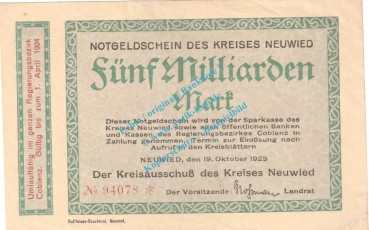 Neuwied , Notgeld 5 Milliarden Mark Schein in L-gbr. Keller 3903.rr , Rheinland 1923 Grossnotgeld Inflation