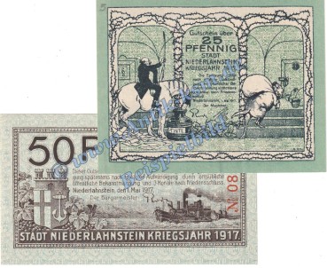 Niederlahnstein , Notgeld Set mit 2 Scheinen in kfr. Tieste 5050.05.01-02 , Hessen 1917 Verkehrsausgabe  Niederlahnstein , Notgeld Set mit 2 Scheinen in kfr. Tieste 5050.05.01-02 , Hessen 1917 Verkehrsausgabe