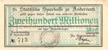 Niedermendig , Banknote 200 Millionen Mark Schein in gbr Keller 3924.c , Rheinland 1923 Inflation