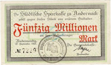 Niedermendig , Banknote 50 Millionen Mark Schein in unc-kfr Keller 3924.c , Rheinland 1923 Inflation