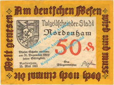 Nordenham , Notgeld 50 Pfennig -16 mm- Nr.1 in kfr. M-G 982.2.a , Niedersachsen 1921 Seriennotgeld