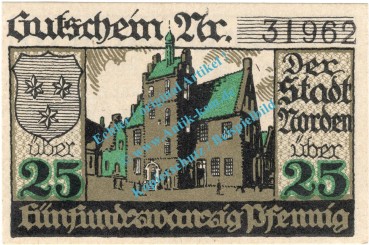 Norden , Notgeld 25 Pfennig Schein in kfr. Tieste 5150.05.65 , Niedersachsen 1919 Verkehrsausgabe