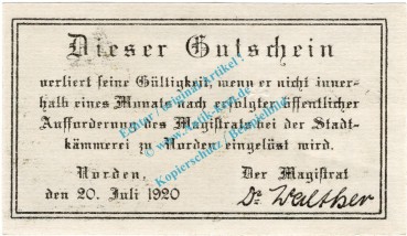 Preview: Norden , Notgeld 25 Pfennig Schein in kfr. Tieste 5150.05.80 , Niedersachsen 1920 Verkehrsausgabe