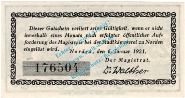 Preview: Norden , Notgeld 25 Pfennig Schein in kfr. Tieste 5150.05.85 , Niedersachsen 1921 Verkehrsausgabe