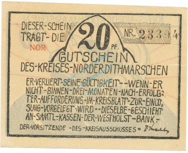 Norder-Dithmarschen , Notgeld 20 Pfennig -NOR- unc-kfr. M-G 983.4 , SH o.D. Seriennotgeld -5705-
