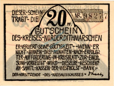 Norderdithmarschen , Notgeld 20 Pfennig -OHNE Zudruck- unc-kfr. M-G 983.1 , Schleswig Holstein o.D. Seriennotgeld