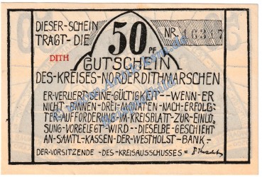 Norderdithmarschen , Notgeld 50 Pfennig -DITH- in kfr. M-G 983.4.a Schleswig o.D. Seriennotgeld