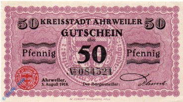 Notgeld Ahrweiler , 50 Pfennig Schein , Tieste 0001.10.02 - 06 , von 1918 , Rheinland Verkehrsausgabe