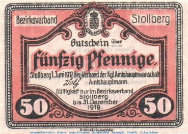 Notgeld Amtshauptmannschaft Stollberg 1705.05.06 , 50 Pfennig Schein in kfr. von 1917 , Sachsen Verkehrsausgabe