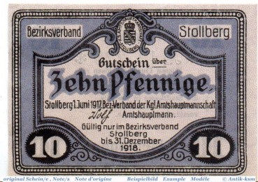 Notgeld Amtshauptmannschaft Stollberg 1705.05.01 , 10 Pfennig Schein in kfr. von 1917 , Sachsen Verkehrsausgabe