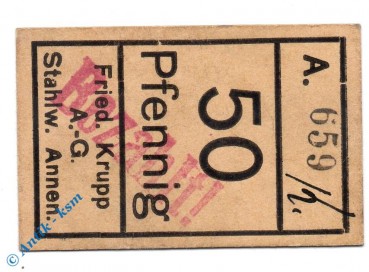 Notgeld Annen , Fried Krupp , 50 Pfennig Schein , Tieste 0155.05.03 , Westfalen Verkehrsausgabe