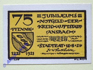 Notgeld Ansbach , Bayern , Einzelschein über 75 Pfennig 1430 , Kn = blaugrün , Mehl Grabowski 35.2 , von 1921 , Seriennotgeld