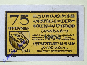 Notgeld Ansbach , Bayern , Einzelschein über 75 Pfennig 1647 , Kn = blaugrün , Mehl Grabowski 35.2 , von 1921 , Seriennotgeld