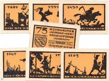 Notgeld Ansbach , Set mit 7 Scheinen , Mehl Grabowski 35.1 b , Kn = schwarz , von 1921 , Bayern Seriennotgeld