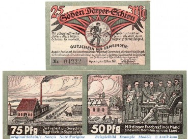 Notgeld Appeln , Set mit 3 Scheinen in kfr. Mehl Grabowski 38.1 , von 1921 , Niedersachsen Seriennotgeld
