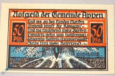 Notgeld Appen , 50 Pfennig Schein Nr 2 , Mehl Grabowski 39.2 , Schleswig Holstein Seriennotgeld