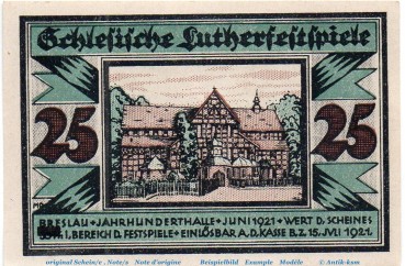 Preview: Notgeld Arbeiterausschuß Breslau 186.4.a , 25 Pfennig Schein in kfr. von 1921 , Schlesien Seriennotgeld