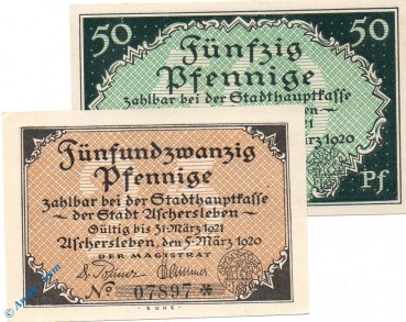 Notgeld Aschersleben , Set mit 2 Scheinen , ohne A mit Stern , Tieste 0225.10.41.4 und 41.4 , von 1920 , Sachsen Verkehrsausgabe