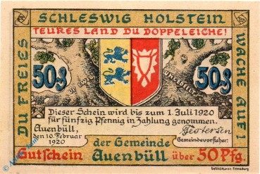 Notgeld Auenbüll , 50 Pfennig Schein , Mehl Grabowski 52.3 a , von 1920 , Dänisch Nordschleswig Seriennotgeld