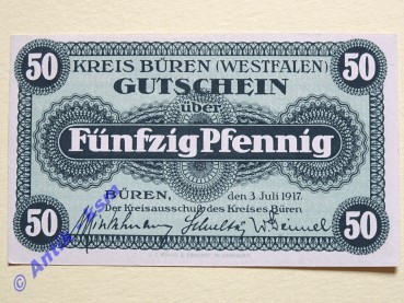 Büren , Notgeld 50 Pfennig Schein unc-kfr. Ti.1010.05.05 NRW 1917