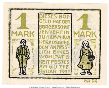 Preview: Notgeld Bürgerschützenverein Hamm 567.1.a , 1 Mark Schein in kfr. von 1921 , Westfalen Seriennotgeld