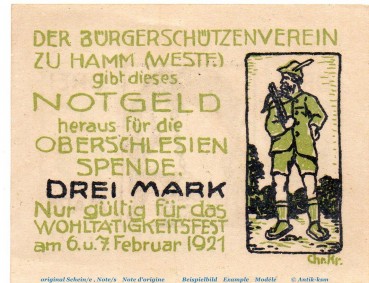 Preview: Notgeld Bürgerschützenverein Hamm 567.1.b , 3 Mark Schein in kfr. von 1921 , Westfalen Seriennotgeld